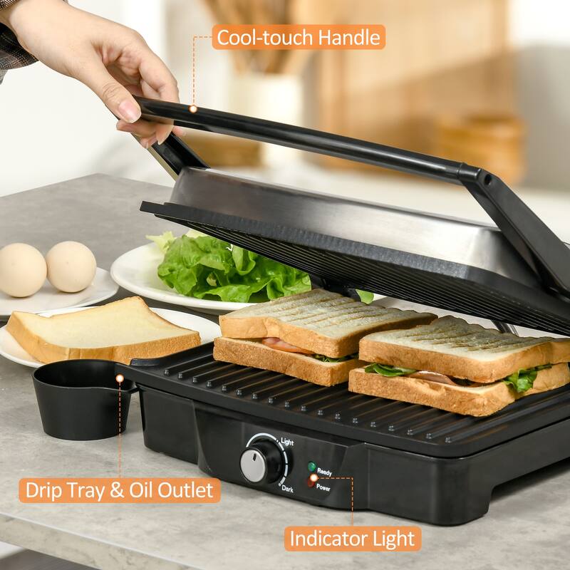 HOMCOM Large Panini Press Sandwich Maker and Grill, Cooking Gift - 13.75" L x 12.75" W x 4.75" H