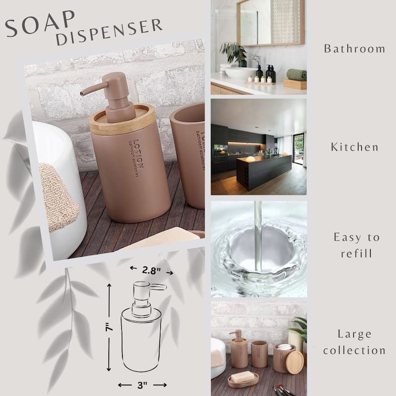 Elegant Soap Dispenser - Polyresin and Bamboo Design, Refillable Liquid Pump - 3 L x 3 W X 7 h