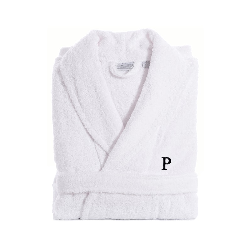 Authentic Hotel and Spa White With Black Monogram Turkish Cotton Unisex Terry Bath Robe - S/M - P