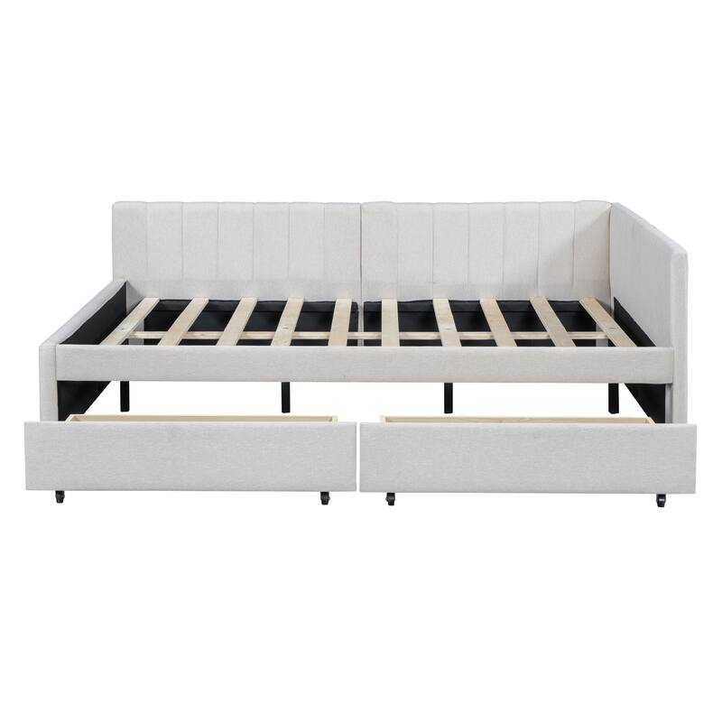 L-Shaped Backrest Daybed Upholstered Daybed Frame Classic Wood Slats Design with 2 Storage Drawers or Trundle, Full Size