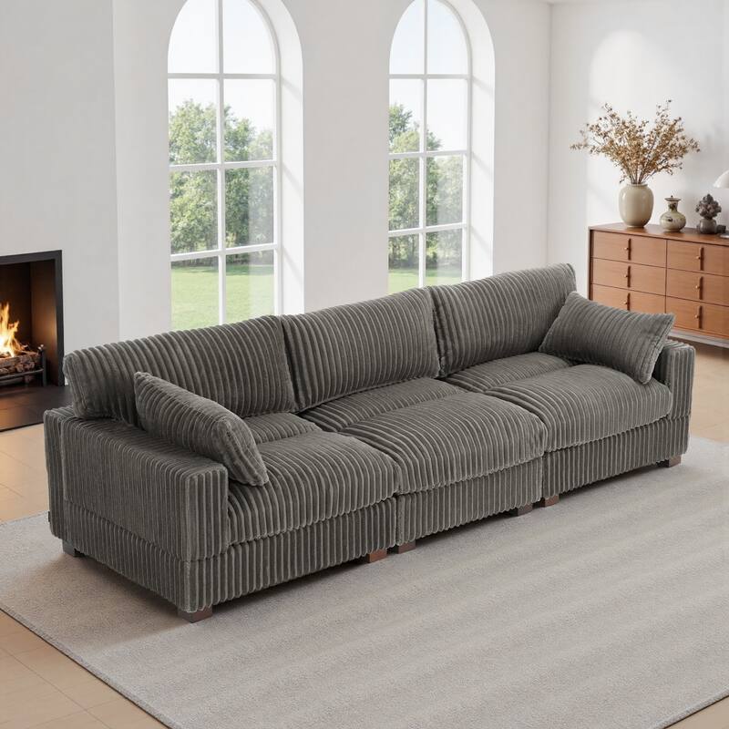 Plush Corduroy Upholstered Modular Sectional Sofa with Pillows