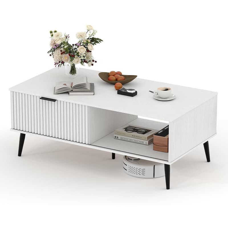 Coffee Table with Storage, 2-Tier Wooden Coffee Table with Sliding Door,