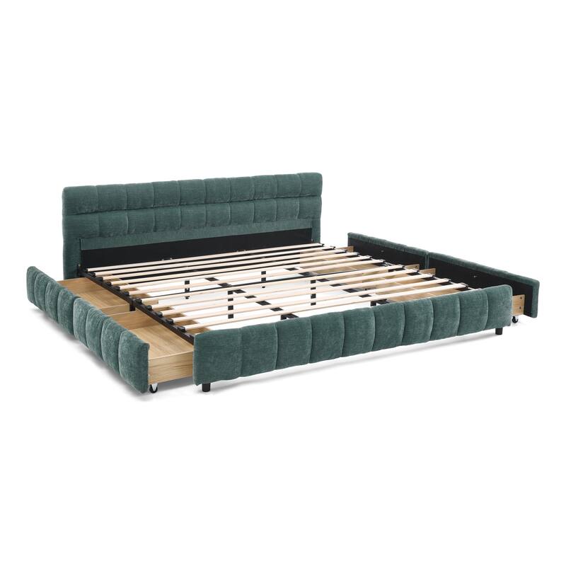 Roomfitters California King Upholstered Platform Bed with Storage, Chenille Fabric Frame with Headboard