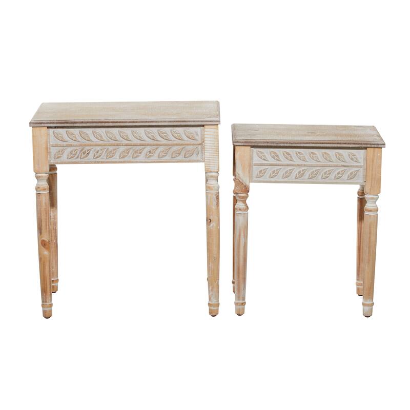 Wooden Leaf Intricately Carved Accent Table - Set of 2 Brown - Roche River Decor - 14"W x 22"L x 25"H