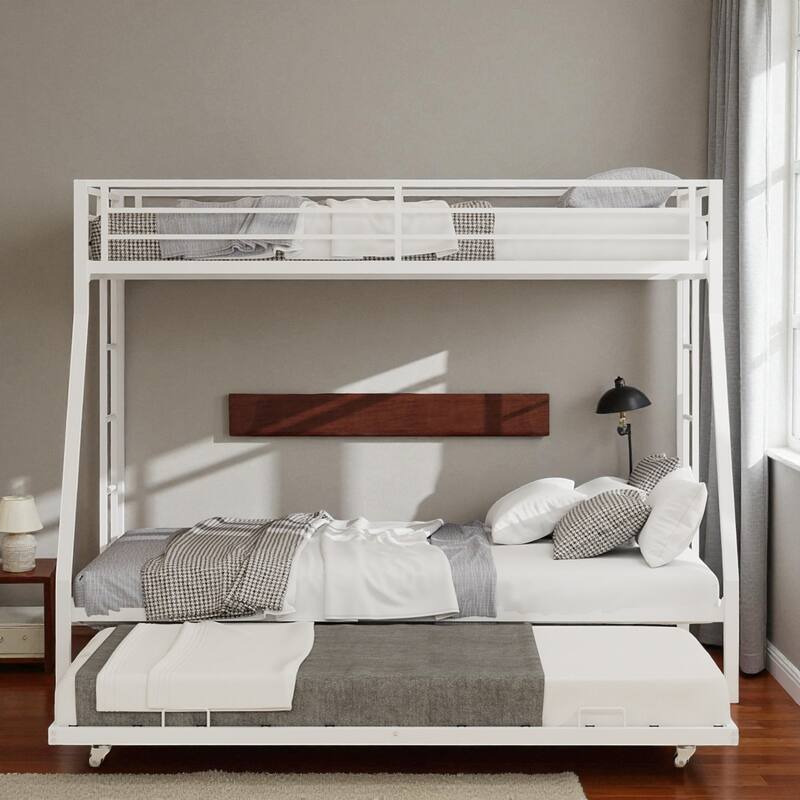 Full Size Metal Bunk Bed with Ladder and Rolling Trundle, Square Tube Frame, Heavy-Duty Triple-Sleeper for Home or Dorm - White - Queen