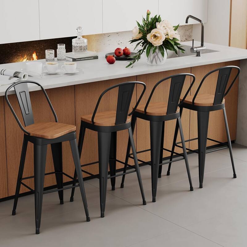 Swivel Counter Stools with Metal Frame Farmhouse Counter Chairs with High Back 24" Kitchen Bar Furniture Stools with Wooden Seat