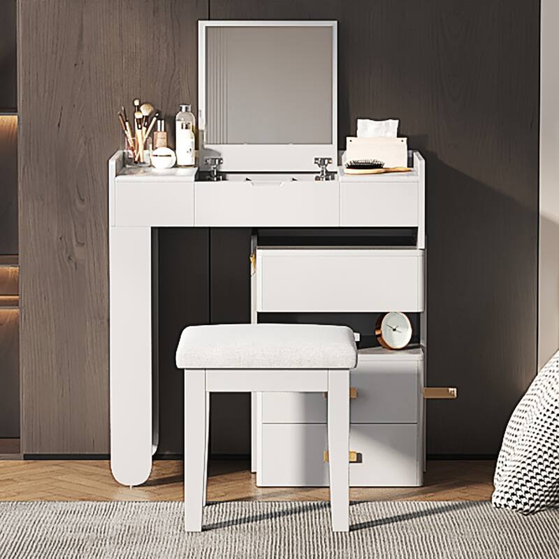Bedroom Dressing Table and Stool Set of 2, 3-in-1 Makeup Vanity Desk with 3-Color Lighted Mirror & Retractable Side Cabinet