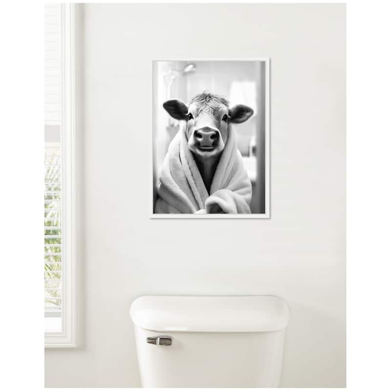 Kate and Laurel Sylvie Cow Bathroom Art Towel Robe Black and White Framed Canvas by The Creative Bunch Studio