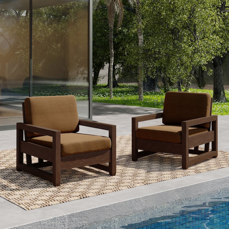Patio Teak Wood Outdoor Arm Chair with Cushion - Dark Wood - Light Brown-Set of 2 Armchair