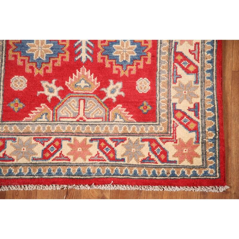 Geometric Red Kazak Oriental Accent Rug Handmade Wool Carpet - 2'9"x 4'2"