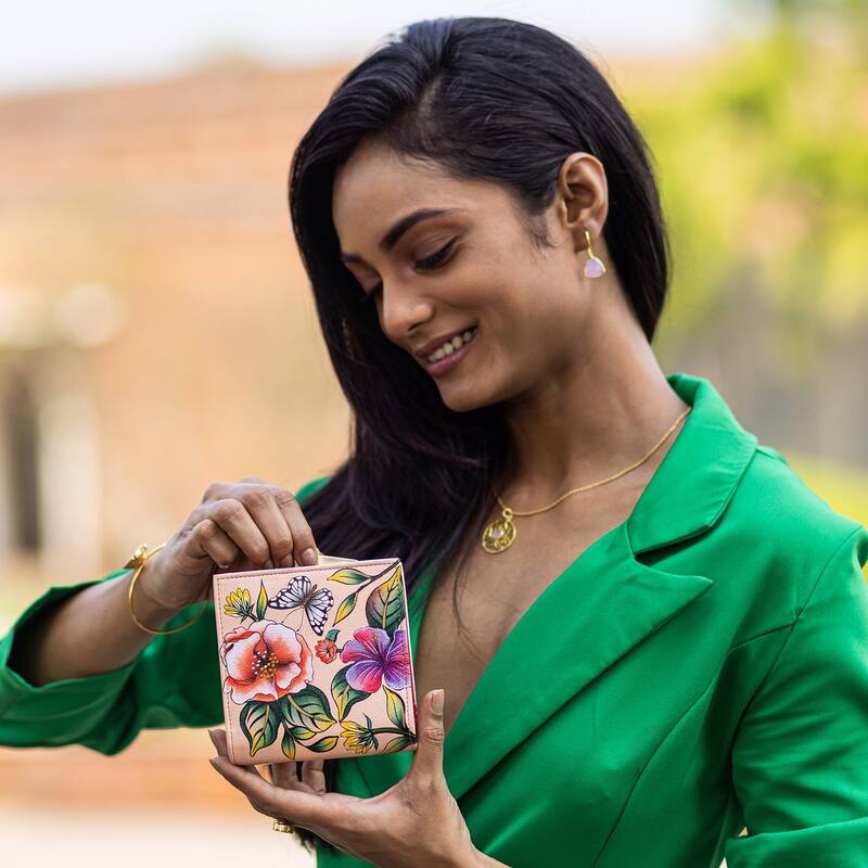 Handpainted Leather Ladies Two fold wallet - Garden of Heaven