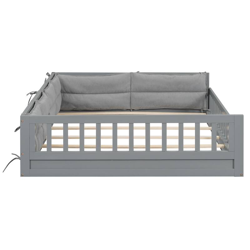 Full Size Upholstered Platform Bed Frame with Guardrail and Pillows, No Box Spring Required, Sturdy and Comfortable for Bedroom