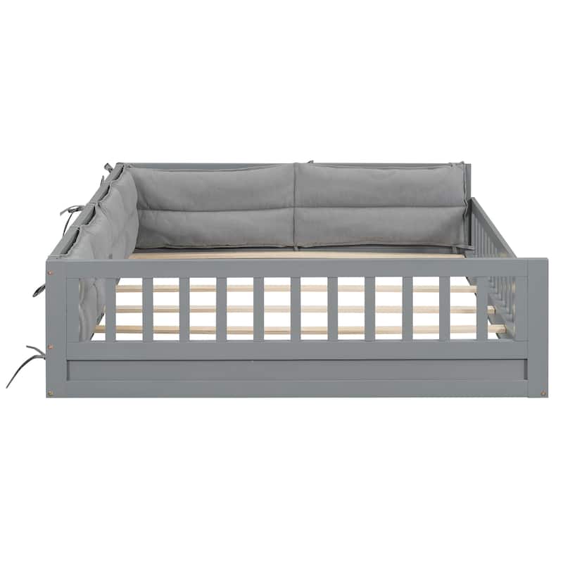 Solid Wood Full Size Floor Platform Bed with Upholstered Guardrail