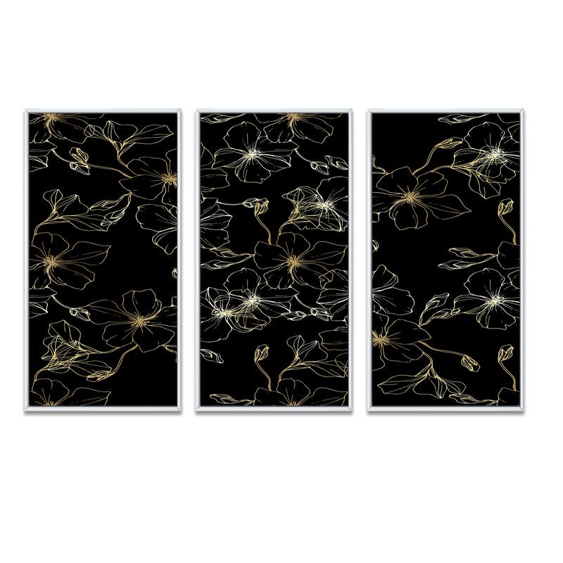 Designart "Flax Flowers On Black" Patterned Framed Canvas Wall Art Set