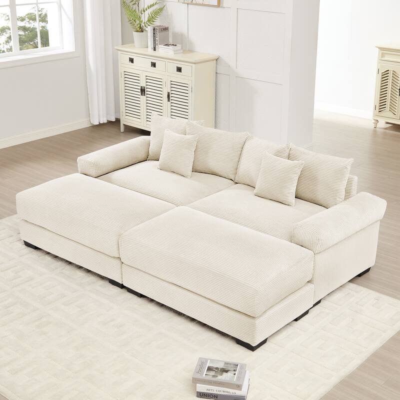 GDFStudio - Corduroy 2-Seater 92" Cloud Modular Sectional Couch with 2 Ottomans - Cream