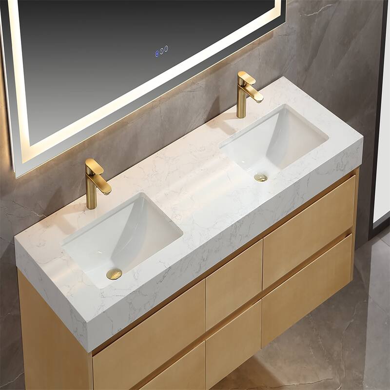 48 in./ 60 in. Solid Wood Wall-Mounted Bathroom Vanity Set in Maple with Engineered Stone Top and Ceramic Sink