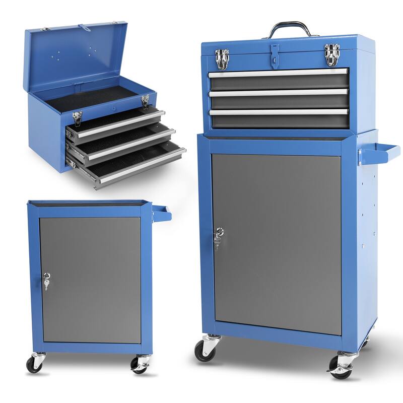 Detachable 3 Drawer Tool Chest w/Storage Cabinet and Adjustable Shelf - 3-Drawer - Blue