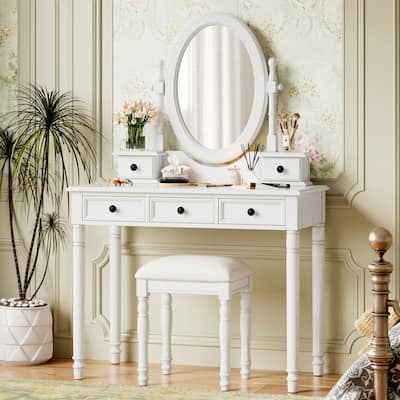 Vanity Desk，Adjustable Angle Mirror, Vintage Vanity Makeup Table and Cushioned Stool Set with Velvet Fabric Lining 5 Drawers