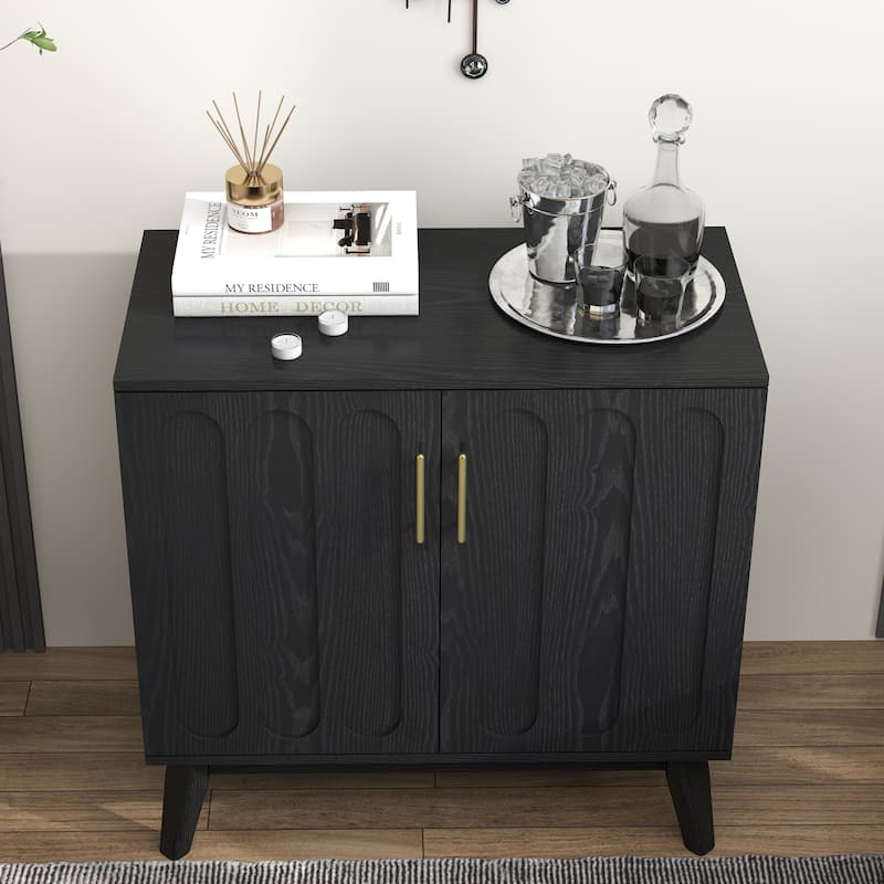 Mid-Century Walnut Sideboard With Fluted Design, Adjustable Shelves, And Wood Legs, Perfect For Multi-Room Storage. - Black