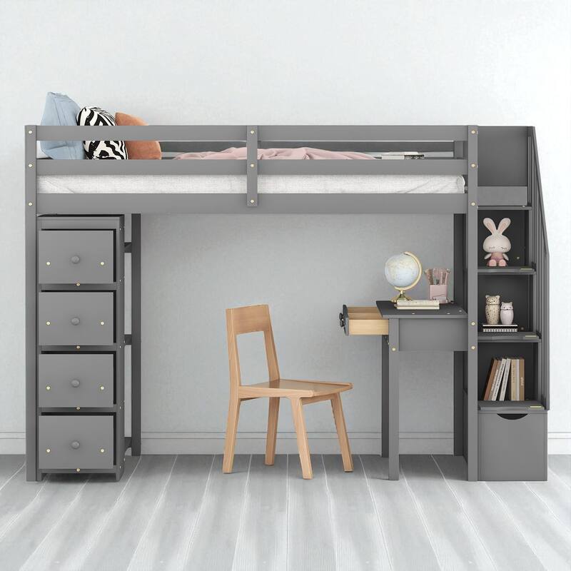 Twin Size Loft Bed with Desk, Storage Drawers, Shelves & Stairs, Wooden Frame for Kids & Teens