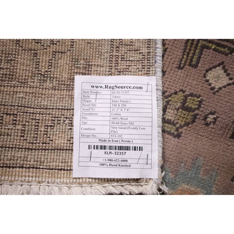 Traditional Tabriz Persian Vintage Rug Hand-Knotted Brown Wool Carpet - 7'6"x 11'1"