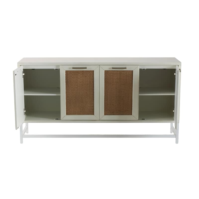 Wooden 4 Door Sideboard with Brown Woven Rattan Doors and Metal Base - White - Roche River Decor - 16"W x 60"L x 31"H
