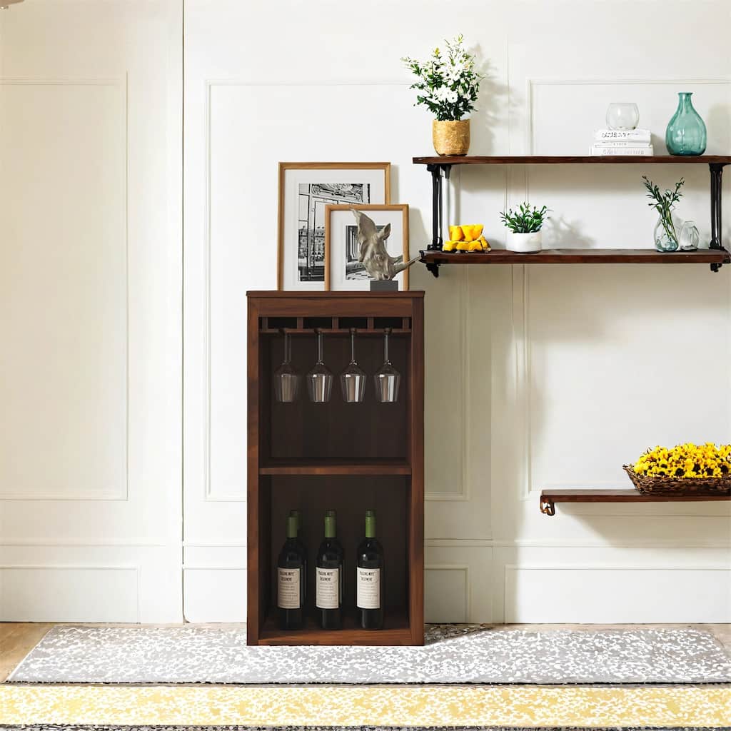 Modular Wine Bar Cabinet with Storage Shelves and Hutch Brown Walnut Color