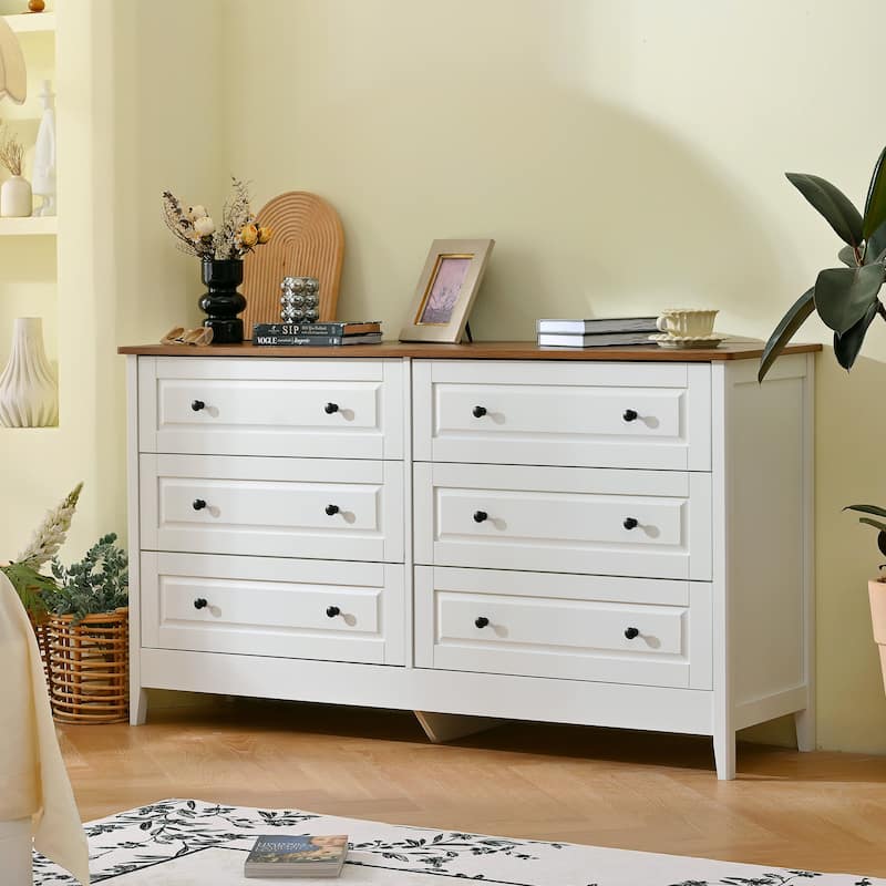 White Dresser for Bedroom, 6 Drawer Dresser with Wide Drawer and Metal Handles, White Dresser, Wood Dressers & Chests of Drawers - Ivory White,White+Red