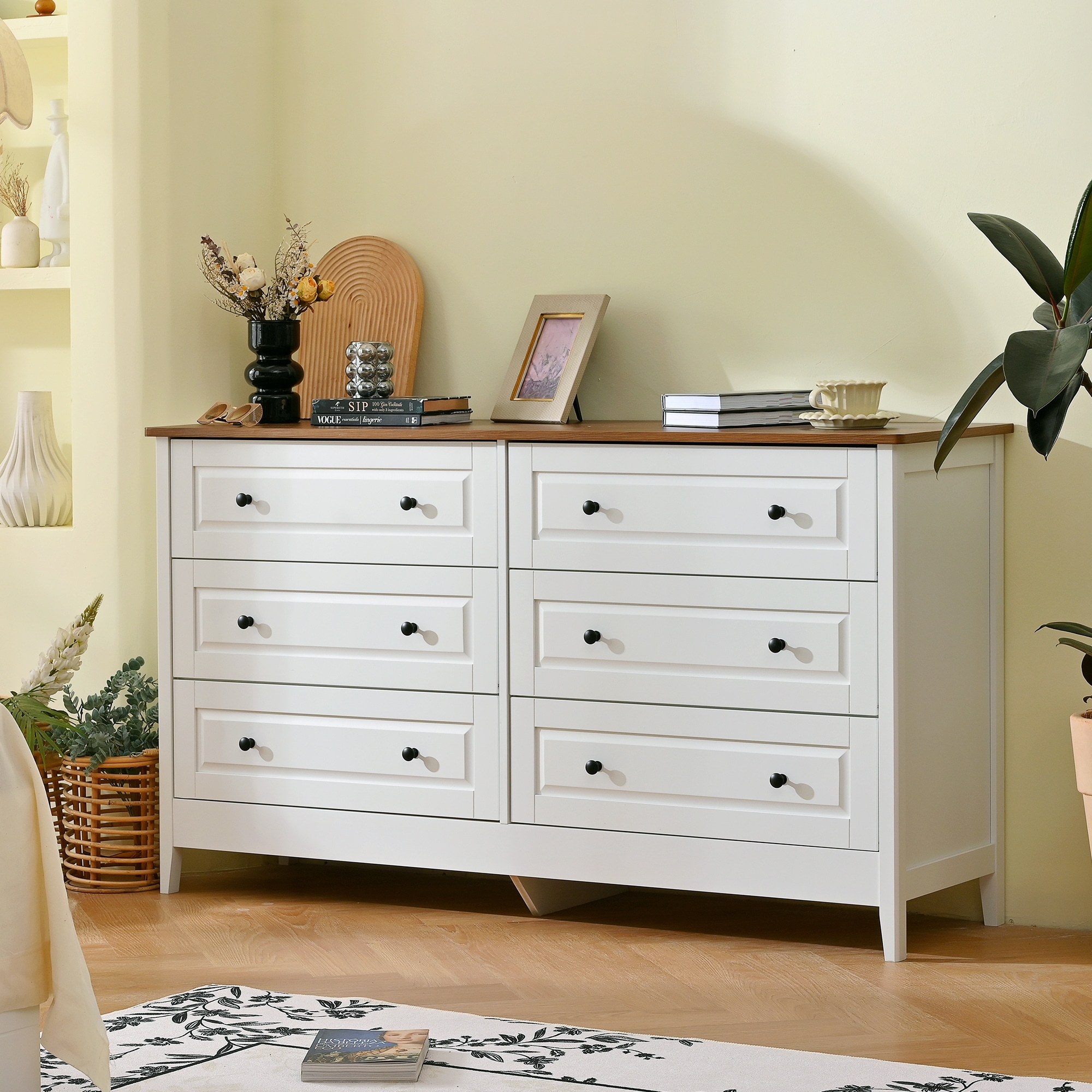 White Dresser for Bedroom, 6 Drawer Dresser with Wide Drawer and Metal Handles, Wood Dressers & Chests of Drawers