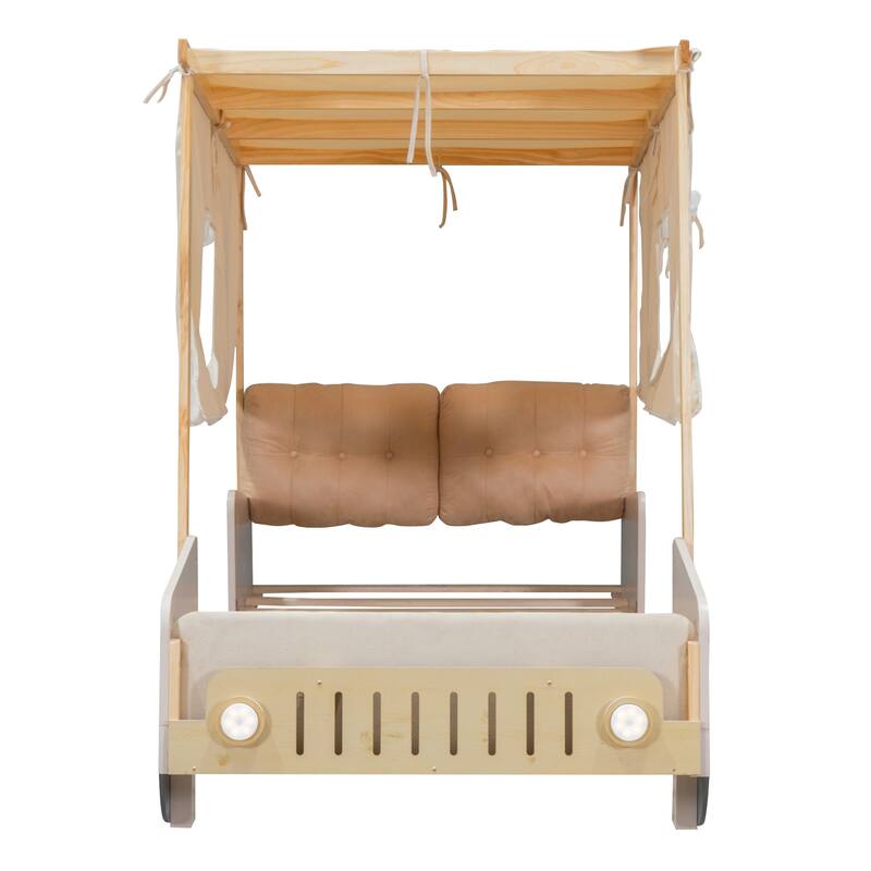 Wooden Car Bed with Tufted Headboard and Ceiling Cloth, LED Platform Bed, Solid Pine Car Shaped Bed Frame