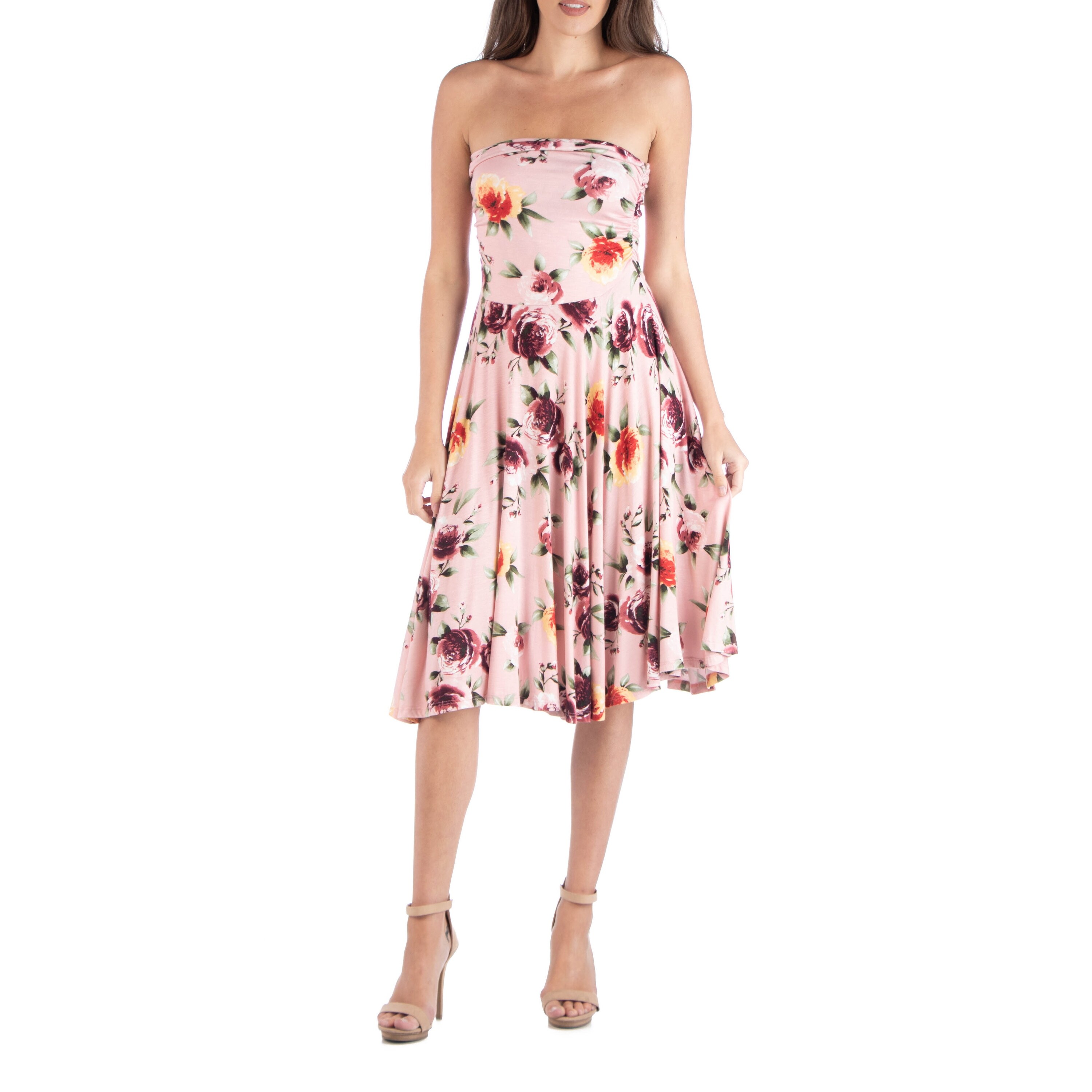 pink strapless midi dress