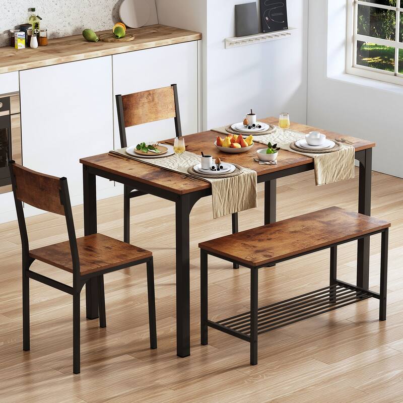 Dining Table Set for 4, Kitchen Room Table Set with Bench, 2-Piece Dining Chairs Set for Breakfast Nook - 42.9"×27.3" - Retro