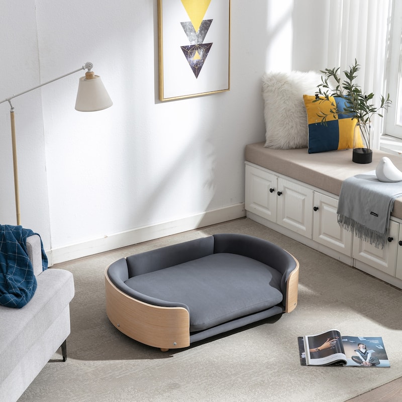 Scandinavian style Elevated Dog Bed Pet Sofa With Solid Wood legs and Bent Wood Back, Velvet Cushion,Large Size