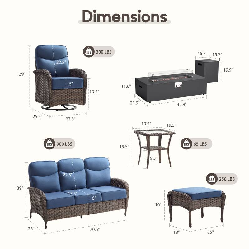 Luna 10-Piece Wicker Outdoor Patio Fire Pit Sofa Set with 6-Inch Thick Cushions