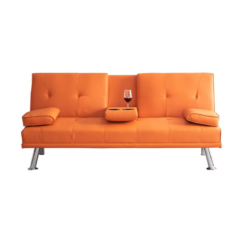 67" Orange PVC Multifunctional Office Sofa Bed with Coffee Table