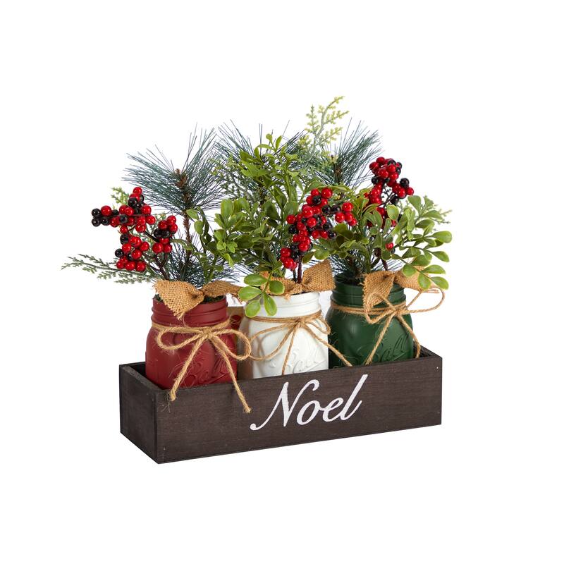 12" Holiday Winter Pine and Berries Three Piece Mason Jar "Noel" Table Christmas Artificial Arrangement Décor - 10