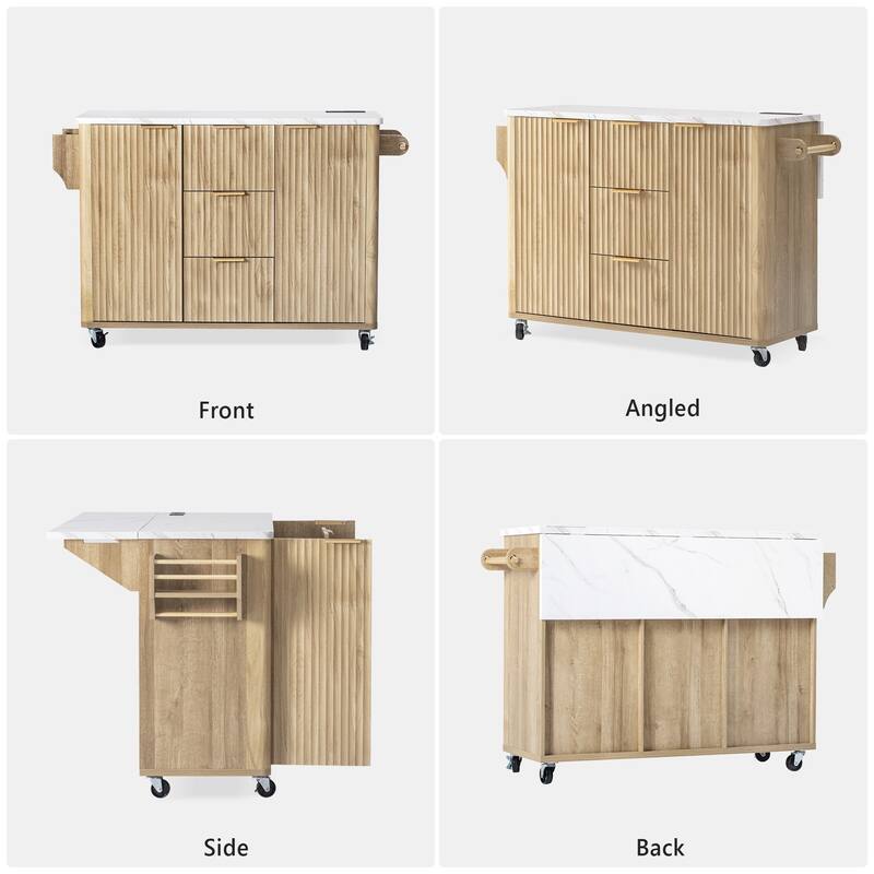 55.5" Storage Power Outlet Kitchen Island with Drop Leaf and 3 Drawers