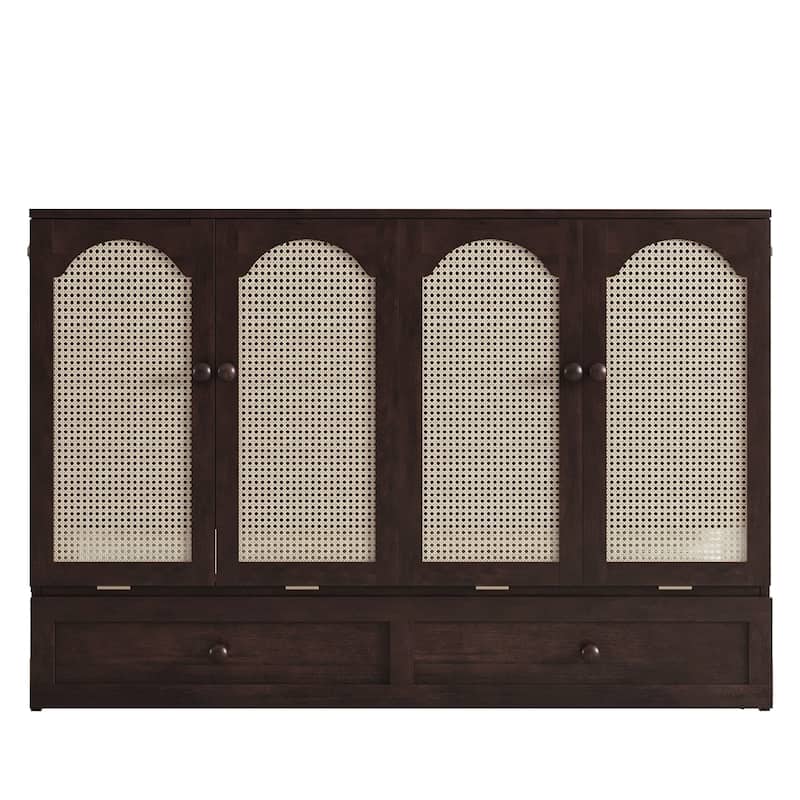 Queen Size Murphy Bed with Drawer Pine Wood Cabinet Bed with Power Station and Rattan Decoration Panel