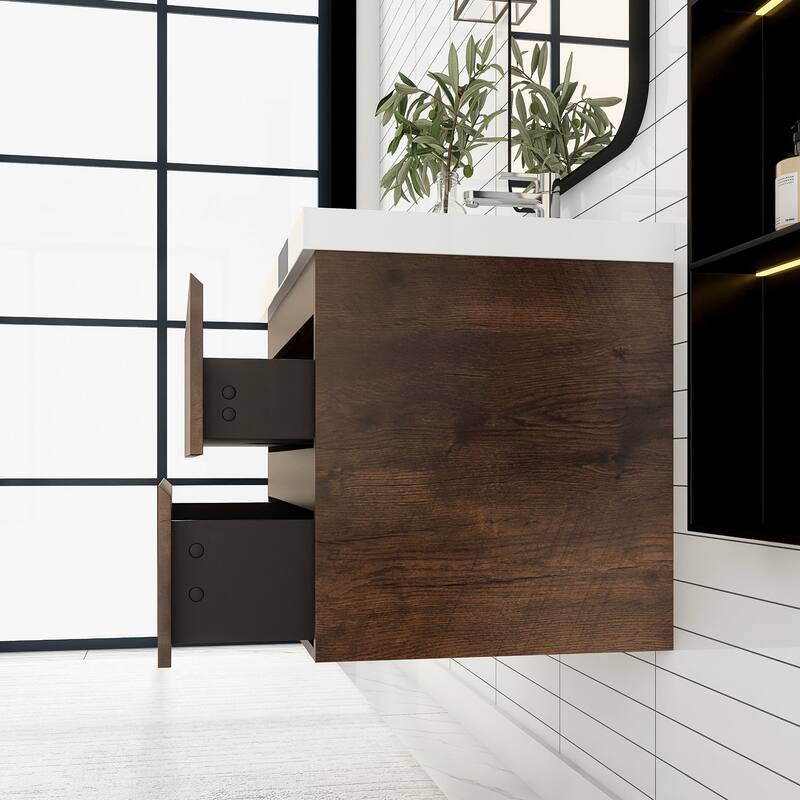 MDF Wall-Mounted Bathroom Vanity Set in Rose Wood with Integrated Culture Marble Sink