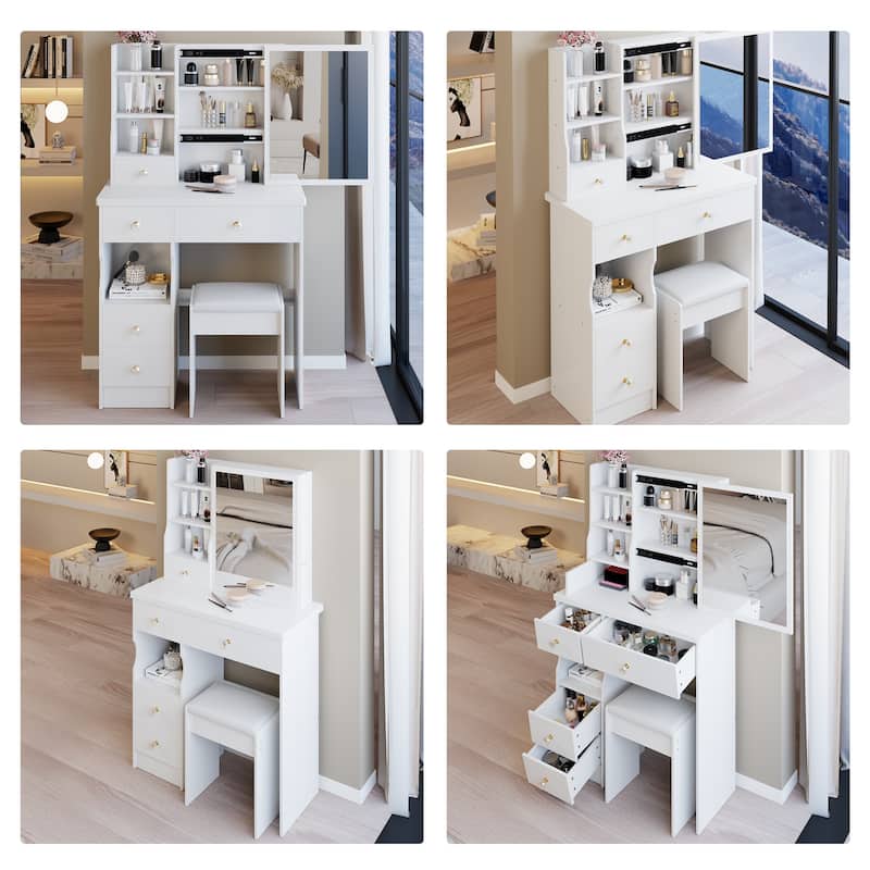 29.2" Compact Left-Drawer Vanity Set with Cushioned Stool and Sliding Mirror