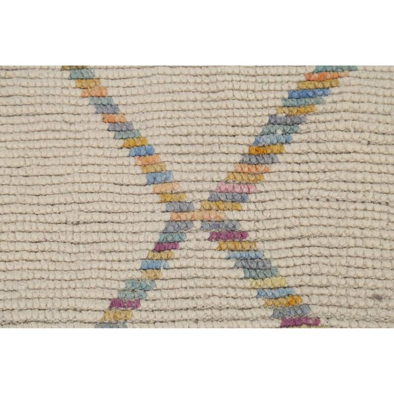 Ivory Moroccan Area Rug Hand-Knotted Stripe Wool Carpet - 4'11"x 8'8"