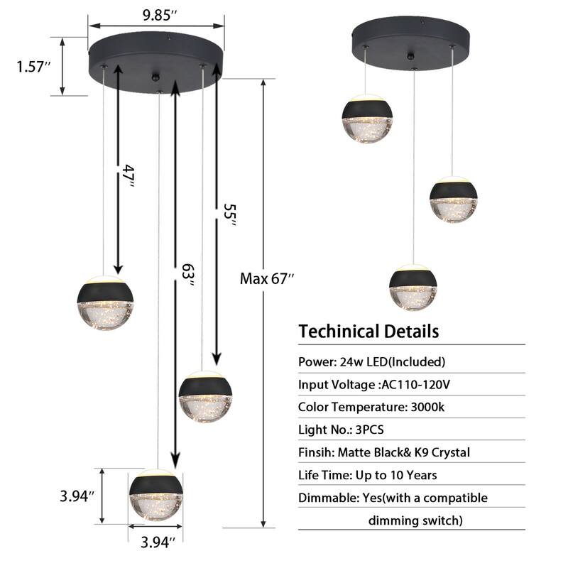 1-Light/3-Lights Globe LED Pendant Light with Bubble Crystal Ball