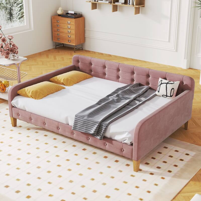 Full Size Velvet Upholstered Daybed Frame with Tufted Backrest & 4 Legs