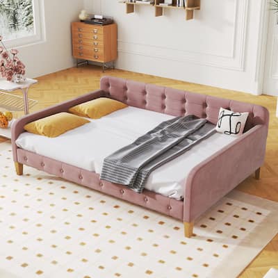 Full Size Velvet Upholstered Daybed Frame with Tufted Backrest & 4 Legs