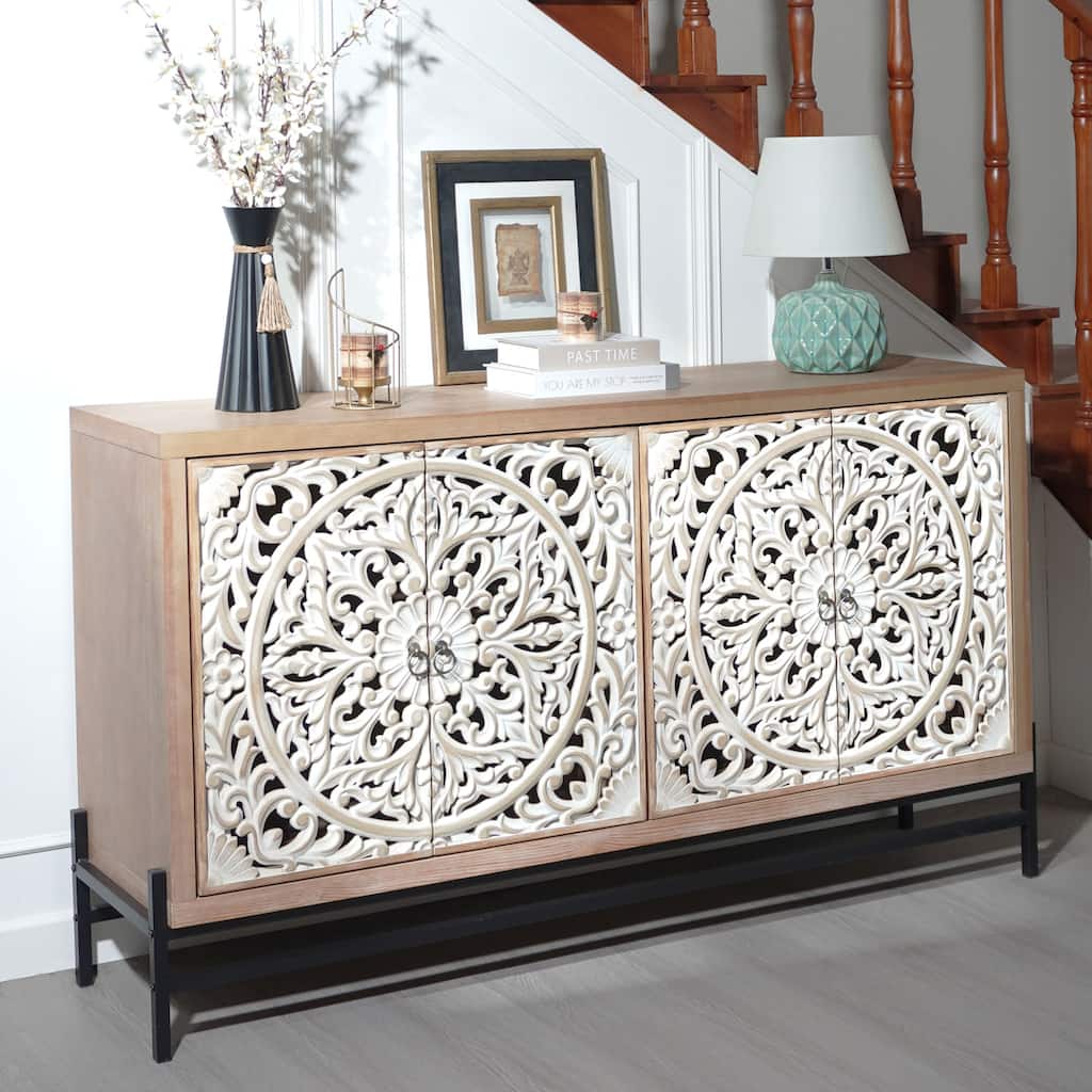 Rustic Carved Sideboard Buffet, Wood 4-Door Accent Cabinet, Storage Cabinet with Floral Hand-Carved Doors