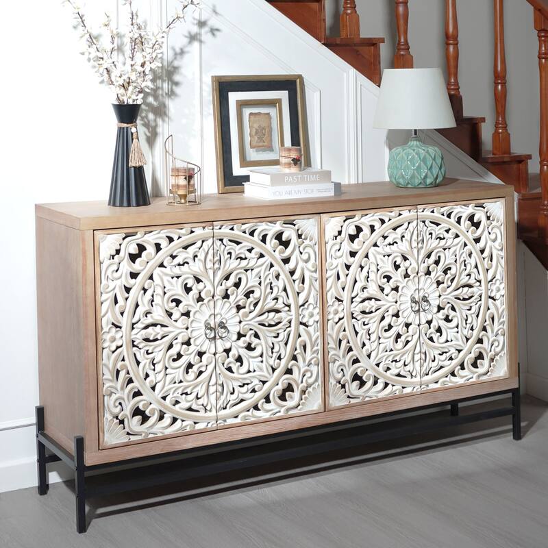 Rustic Carved Sideboard Buffet, Wood 4-Door Accent Cabinet, Storage Cabinet with Floral Hand-Carved Doors - Multi