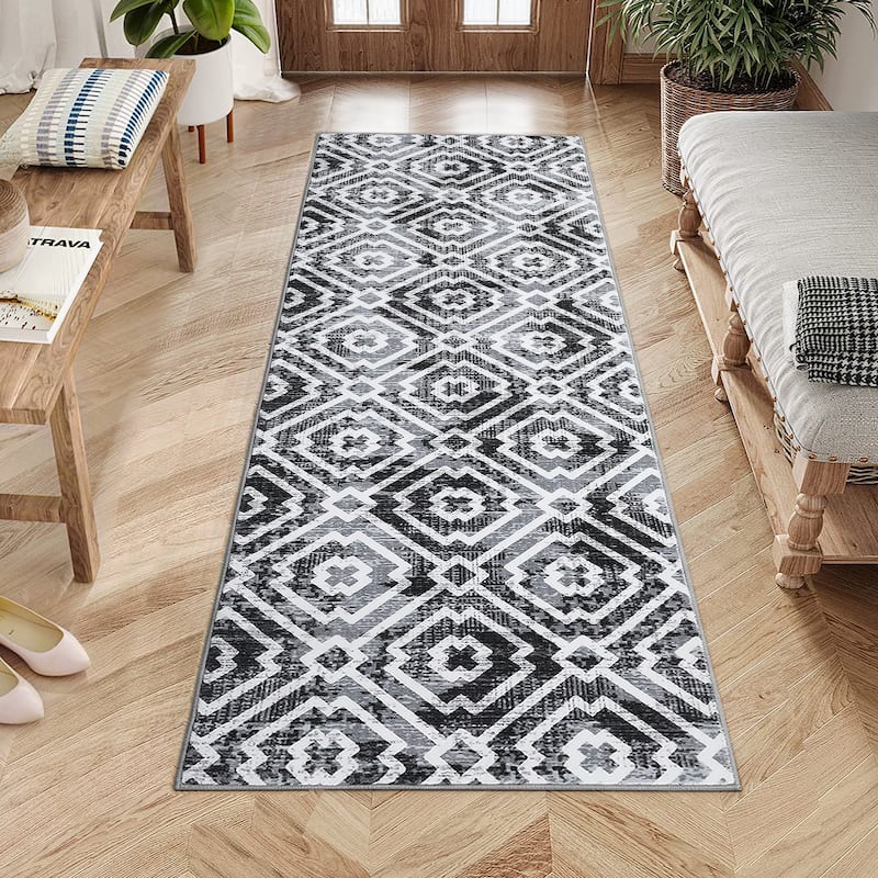 Geometric Area Rugs for Living Room Bedroom Distressed Washable Accent Rug Non-Slip Low Pile Carpet - 2'x6' - Gray Black