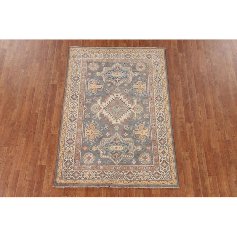 Gray Geometric Kazak Area Rug Handmade Wool Carpet - 4'0"x 5'11"