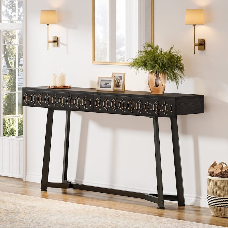 55-Inch Modern Console Table Black Entryway Table with 2 Drawers