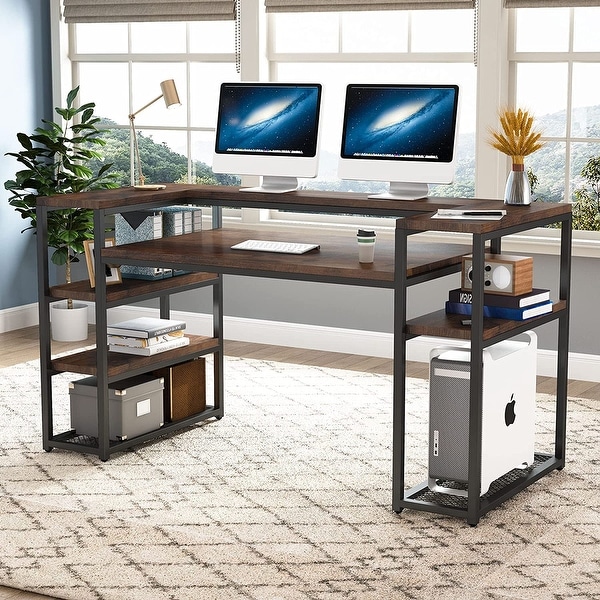63 inch Computer Desk with Open Storage Shelves and Monitor Shelf